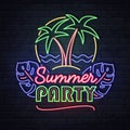 Neon sign summer party with fluorescent palm tree and tropic leaves. Vintage electric signboard