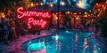 Neon sign with Summer Party illuminates a festive poolside evening with hanging lights people socializing and a tranquil swimming