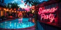 Neon sign with Summer Party illuminates a festive poolside evening with hanging lights people socializing and a tranquil swimming