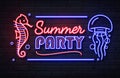 Neon sign summer party with sea hourse and jellyfish. Vintage electric signboard