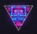 Neon Sign of Tape Cassette with `Retro Party` Text in Style of 80s