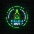 Neon sign of tequila bar in circle frames. Mexican alcohol drink pub emblem in neon style.