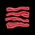 A neon sign with three crispy bacon slices illuminated in neon, displayed on a black background Royalty Free Stock Photo