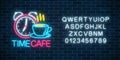 Neon sign of time-cafe with clock and coffee cup with alphabet on dark brick wall background. Glowing symbol of anti-cafe with