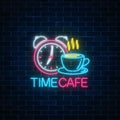 Neon sign of time-cafe with clock and coffee cup. Glowing symbol of anti-cafe with text.