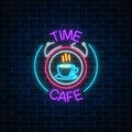 Neon sign of time-cafe with coffee cup in clock on dark brick wall background. Glowing symbol of anti-cafe
