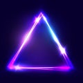 Neon sign. Triangle background. Glowing electric abstract frame on dark backdrop. Light banner with glow. Bright vector