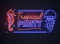 Neon sign tropical party with sea hourse and jellyfish. Vintage electric signboard