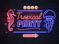 Neon sign tropical party with sea hourse and jellyfish. Vintage electric signboard