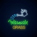 Neon sign of watering can and plot of grass. Lawn irrigation concept in neon style. Vector illustration