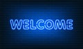 Neon sign Welcome with glass on brick wall background. Vintage blue electric signboard with bright neon lights. Drink Night Club.