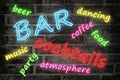 Neon sign word cloud illustration describing a cocktail night bar