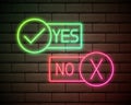 Neon sign Yes No light vector background. Realistic glowing shining design element in arrow frame for Club, Bar, Cafe