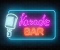 Neon signboard of karaoke music bar. Glowing street sign of a nightclub with live music. Sound cafe icon.