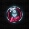 Neon signboard with microphone in round frame. Nightclub with live music icon. Glowing street sign of bar with karaoke.