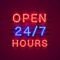 Neon signboard 24 7 open hours. Royalty Free Stock Photo