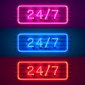 Neon signboard 24 7 open time color set.