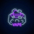 Neon signboard of vape shop or club. Glowing neon sign with man hat in vape smoke