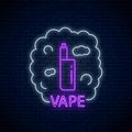 Neon signboard of vape shop or club. Glowing neon sign with vape kit and smoke. Vaping shop symbol