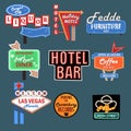 Neon signboards, billboards, light boxes and road signs set of vector Illustrations