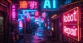 Neon signs of AI Robot Repair on wet deserted street or alley at night, gloomy dark city shops with purple and blue light. Concept Royalty Free Stock Photo