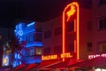 Neon signs on Art Deco hotels in South Beach Mimai, Florida