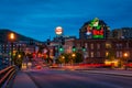 Neon signs and buildings along Williamson Road at night in downtown Roanoke, Virginia Royalty Free Stock Photo