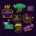 Neon Signs of Cafe, Hotel and Bar. Vector