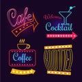 Neon Signs of Cafe, Hotel and Cocktail.