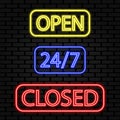 neon signs open, closed, around the clock for cafes, restaurants, bars, shops and other establishments. eps 10 Royalty Free Stock Photo