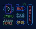 Neon signs set. Colorful neon electric pointers glowing letter club blue casino deck cards green market bar red hotel Royalty Free Stock Photo