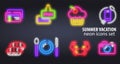 Neon signs. The symbols of different food, fish and meat on a dark background. Neon food and drink glowing signboard Royalty Free Stock Photo