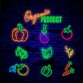 Neon signs. The symbols of different fruit and vegetables on a dark background. Royalty Free Stock Photo