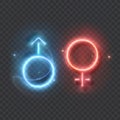 Neon signs of Venus and Mars, Neon vector male and female sign. Gender symbol on dark background Royalty Free Stock Photo