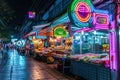 Neon signs and vibrant lights illuminating the night market stalls