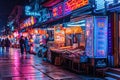 Neon signs and vibrant lights illuminating the night market stalls