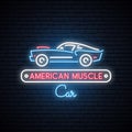 Neon silhouette of classic American muscle car. Glowing sign.