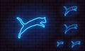 Neon silhouette of jumping grace cat. Different thickness outline. Bright shining sign. Editable color and brightness. Neon icon