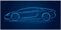 Neon simple vector drawing of a sports car. Side view. Dark blue background. Royalty Free Stock Photo