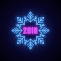 Neon singboard of 2018. Neon sign in shape snowflake. New Year.