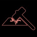 Neon sledge hammer breaks hard surface with formation of strong cracks icon black color vector illustration flat style image red