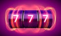 Neon slot machine coins wins the jackpot. 777 Big win casino concept. Royalty Free Stock Photo