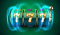 Neon slot machine coins wins the jackpot. 777 Big win casino concept. Royalty Free Stock Photo