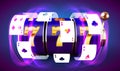 Neon slot machine coins wins the jackpot. 777 Big win casino concept Royalty Free Stock Photo