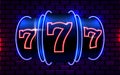 Neon slot machine wins the jackpot. 777 Big win casino concept.