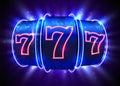 Neon slot machine wins the jackpot. 777 Big win casino concept. Royalty Free Stock Photo