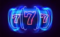 Neon slot machine wins the jackpot. 777 Big win casino concept. Royalty Free Stock Photo