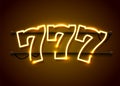 Neon 777 slots sign. Casino neon signboard. Online casino concept.