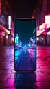 Neon smartphone sign shines on brick wall, epitomizing digital connectivity in urban landscapes.