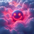 A neon smiley face set amidst fluffy clouds, illuminated by vibrant, dramatic lighting Royalty Free Stock Photo
